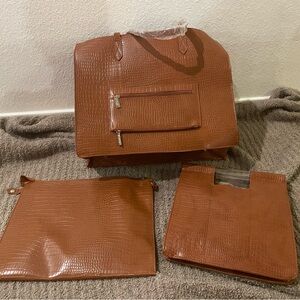 Beis The Work Tote: Brown Crocodile Embossed Tote Bag Set